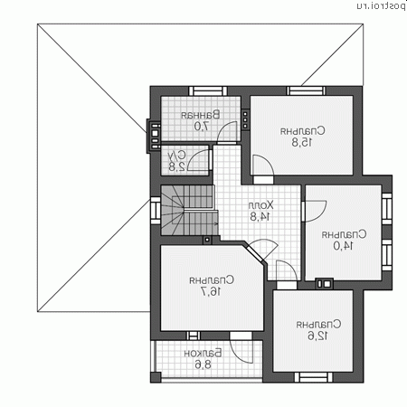 R-213-1P проект двухэтажного дома из пенобетона с подвалом и гаражом размером 14 на 13  - 2-й этаж
