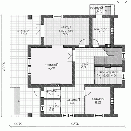 R-263-1P проект двухэтажного дома из пеноблоков размером 16 на 15 - 1-й этаж R-263-1P проект двухэтажного дома из пеноблоков размером 16 на 15 - 1-й этаж