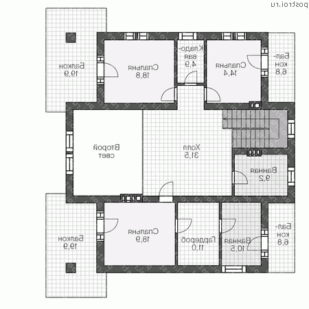 R-263-1P проект двухэтажного дома из пеноблоков размером 16 на 15 - 2-й этаж R-263-1P проект двухэтажного дома из пеноблоков размером 16 на 15 - 2-й этаж