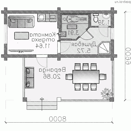 T-033-1D проект одноэтажной деревянной бани из бревна размером 7 на 8  - 1-й этаж