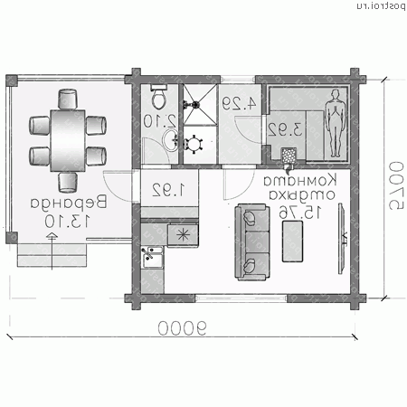 T-034-1D проект одноэтажной деревянной бани из бревна размером 6 на 9 - 1-й этаж T-034-1D проект одноэтажной деревянной бани из бревна размером 6 на 9 - 1-й этаж