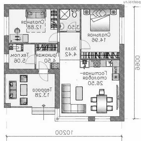 T-078-1P проект одноэтажного дома из пеноблока размером 10 на 10  - 1-й этаж