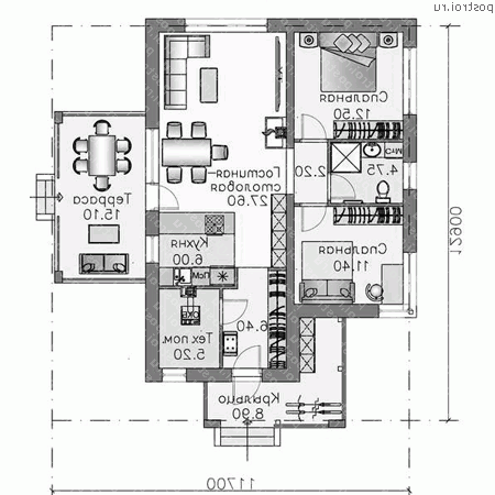 T-083-1P проект одноэтажного дома из пеноблока размером 12 на 13  - 1-й этаж