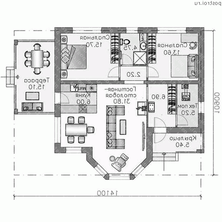 T-092-1P проект одноэтажного коттеджа из пеноблока размером 14 на 11 - 1-й этаж T-092-1P проект одноэтажного коттеджа из пеноблока размером 14 на 11 - 1-й этаж