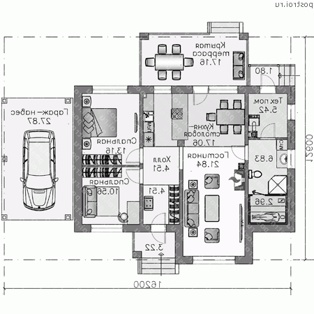 T-097-2P проект одноэтажного коттеджа из пеноблока с гаражом размером 13 на 16 - 1-й этаж T-097-2P проект одноэтажного коттеджа из пеноблока с гаражом размером 13 на 16 - 1-й этаж