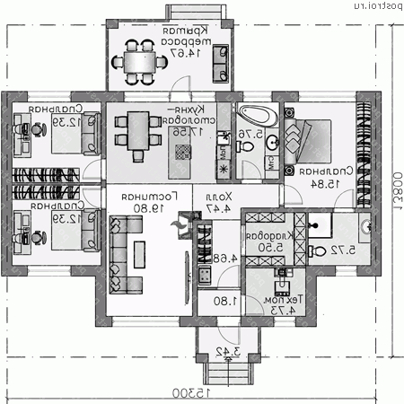 T-120-1P проект одноэтажного коттеджа из пенобетона размером 14 на 15  - 1-й этаж