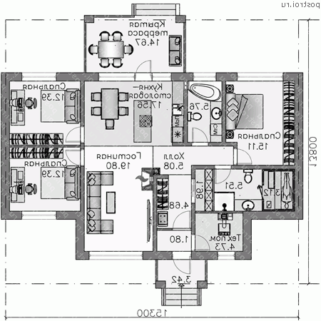 T-120-1P проект одноэтажного коттеджа из пенобетона размером 14 на 15  - 1-й этаж (вариант 2)