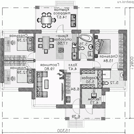T-120-2P проект одноэтажного коттеджа из газобетона размером 14 на 15 - 1-й этаж T-120-2P проект одноэтажного коттеджа из газобетона размером 14 на 15 - 1-й этаж