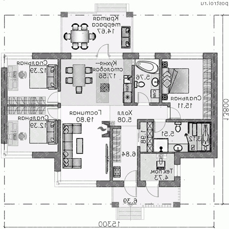 T-120-2P проект одноэтажного коттеджа из газобетона размером 14 на 15 - 1-й этаж (вариант 2) T-120-2P проект одноэтажного коттеджа из газобетона размером 14 на 15 - 1-й этаж (вариант 2)
