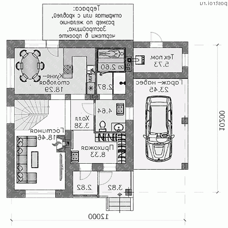 T-123-2P проект двухэтажного дома из газобетона с гаражом размером 10 на 12 - 1-й этаж