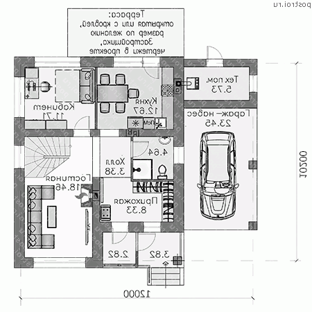 T-127-1P проект двухэтажного коттеджа из газобетона с гаражом размером 10 на 12  - 1-й этаж