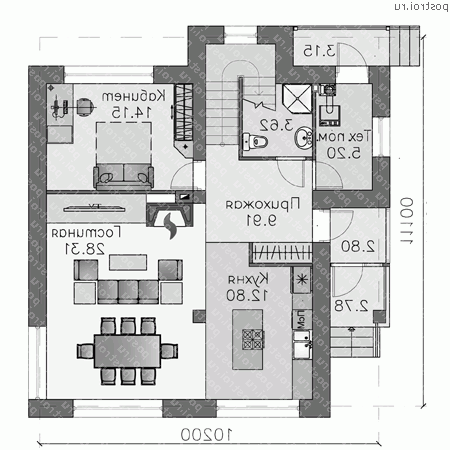 T-172-1P проект двухэтажного дома из пеноблоков размером 11 на 10 - 1-й этаж T-172-1P проект двухэтажного дома из пеноблоков размером 11 на 10 - 1-й этаж