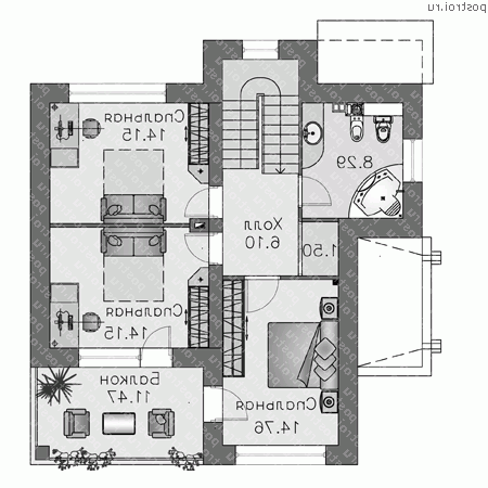 T-172-1P проект двухэтажного дома из пеноблоков размером 11 на 10 - 2-й этаж T-172-1P проект двухэтажного дома из пеноблоков размером 11 на 10 - 2-й этаж