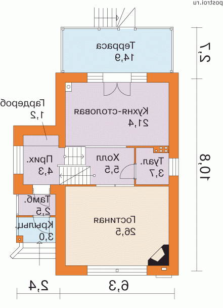 T-192-2P проект двухэтажного коттеджа из пенобетона с цоколем размером 14 на 9 - 1-й этаж T-192-2P проект двухэтажного коттеджа из пенобетона с цоколем размером 14 на 9 - 1-й этаж