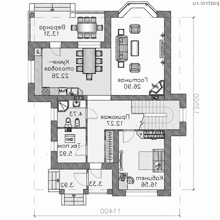 T-193-1P проект двухэтажного коттеджа из пенобетона размером 14 на 11 - 1-й этаж