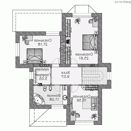 T-193-1P проект двухэтажного коттеджа из пенобетона размером 14 на 11 - 2-й этаж