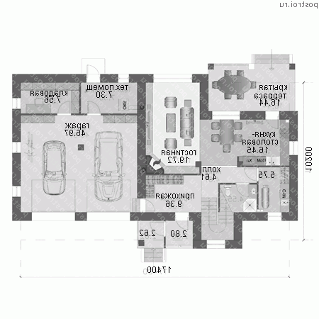 T-194-1P проект двухэтажного коттеджа из пенобетона с гаражом размером 10 на 17 - 1-й этаж T-194-1P проект двухэтажного коттеджа из пенобетона с гаражом размером 10 на 17 - 1-й этаж