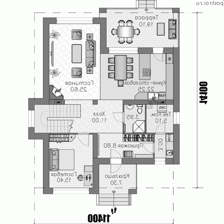 T-201-1K проект двухэтажного дома из кирпича размером 11 на 14 - 1-й этаж T-201-1K проект двухэтажного дома из кирпича размером 11 на 14 - 1-й этаж