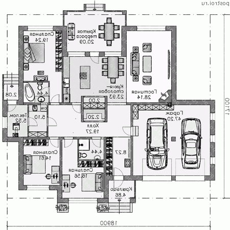 T-214-1P проект одноэтажного дома из пенобетона с гаражом размером 17 на 19  - 1-й этаж