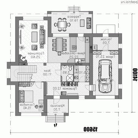 T-232-1K проект двухэтажного дома из кирпича с гаражом размером 16 на 14 - 1-й этаж T-232-1K проект двухэтажного дома из кирпича с гаражом размером 16 на 14 - 1-й этаж