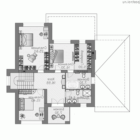 T-232-1K проект двухэтажного дома из кирпича с гаражом размером 16 на 14 - 2-й этаж T-232-1K проект двухэтажного дома из кирпича с гаражом размером 16 на 14 - 2-й этаж
