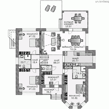 T-232-1P проект одноэтажного дома из газобетона с цоколем размером 14 на 15 - 1-й этаж T-232-1P проект одноэтажного дома из газобетона с цоколем размером 14 на 15 - 1-й этаж
