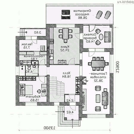 T-274-1P проект двухэтажного дома из пеноблоков с мансардой размером 13 на 14  - 1-й этаж