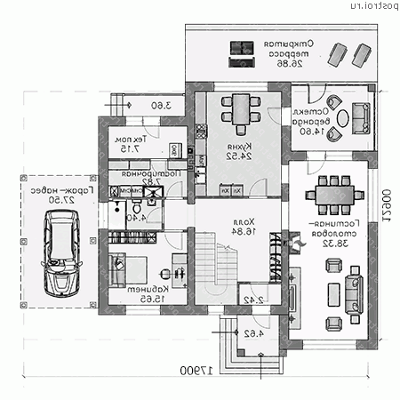 T-274-2P проект двухэтажного дома из пеноблоков с мансардой и гаражом размером 13 на 18  - 1-й этаж