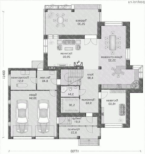 T-291-1K проект двухэтажного дома из кирпича с гаражом размером 17 на 18 - 1-й этаж T-291-1K проект двухэтажного дома из кирпича с гаражом размером 17 на 18 - 1-й этаж