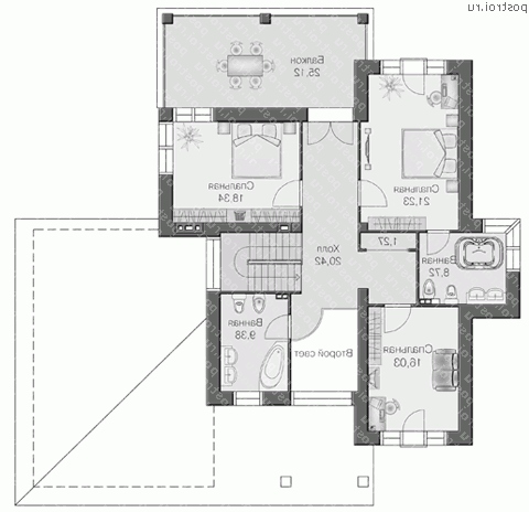 T-291-1K проект двухэтажного дома из кирпича с гаражом размером 17 на 18 - 2-й этаж T-291-1K проект двухэтажного дома из кирпича с гаражом размером 17 на 18 - 2-й этаж
