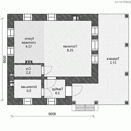U-050-1K проект одноэтажного дома из кирпича размером 8 на 8 - 1-й этаж U-050-1K проект одноэтажного дома из кирпича размером 8 на 8 - 1-й этаж