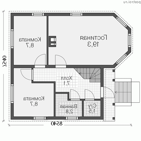 U-089-1P проект одноэтажного дома из пеноблока с мансардой размером 8 на 9 - 1-й этаж U-089-1P проект одноэтажного дома из пеноблока с мансардой размером 8 на 9 - 1-й этаж