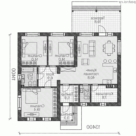 U-117-1K проект одноэтажного коттеджа из кирпича размером 11 на 13  - 1-й этаж