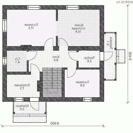 U-126-1P проект двухэтажного коттеджа из газобетона размером 9 на 10  - 1-й этаж