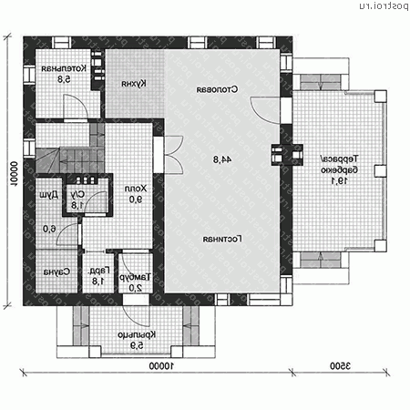 U-144-1P проект двухэтажного дома из газобетона размером 10 на 10 - 1-й этаж