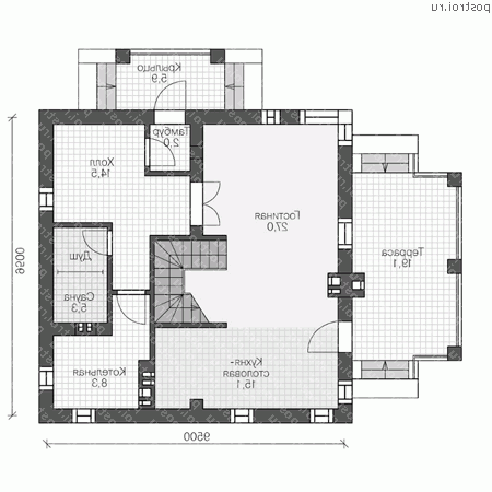 U-144-2P проект двухэтажного дома из газобетона размером 10 на 10 - 1-й этаж U-144-2P проект двухэтажного дома из газобетона размером 10 на 10 - 1-й этаж