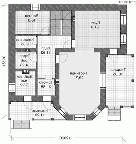 U-153-1K проект одноэтажного коттеджа из кирпича с мансардой размером 13 на 13 - 1-й этаж