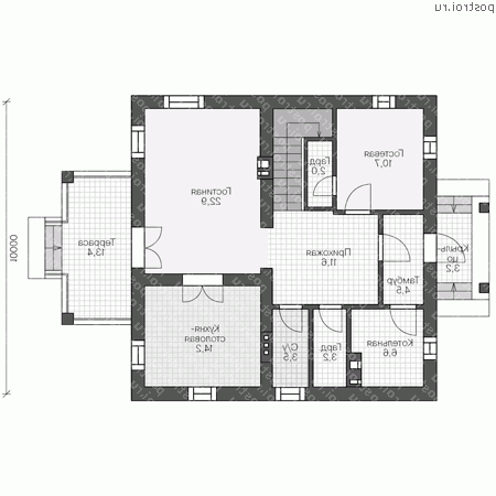 U-155-3P проект двухэтажного коттеджа из пеноблоков размером 10 на 10  - 1-й этаж