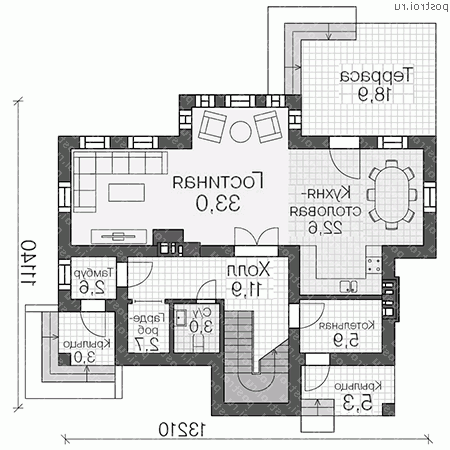 U-159-1P проект двухэтажного дома из пеноблоков размером 11 на 13 - 1-й этаж U-159-1P проект двухэтажного дома из пеноблоков размером 11 на 13 - 1-й этаж
