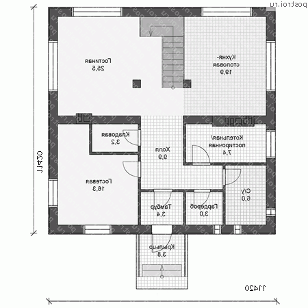 U-185-1K проект двухэтажного дома из кирпича размером 11 на 11  - 1-й этаж