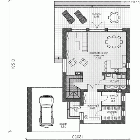 U-186-1P проект двухэтажного дома из пеноблоков с гаражом размером 15 на 18  - 1-й этаж