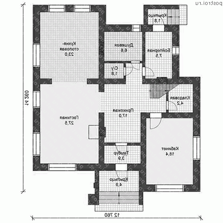 U-206-1P проект двухэтажного дома из пенобетона размером 14 на 13  - 1-й этаж