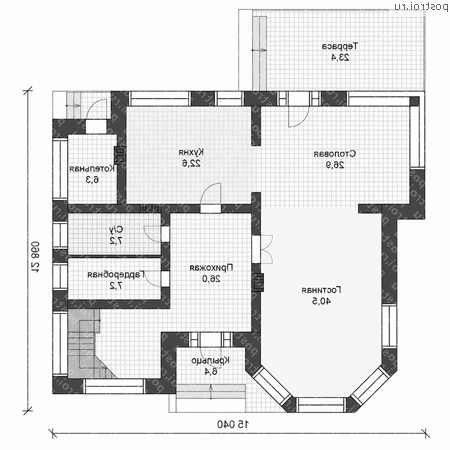 U-255-1K проект двухэтажного коттеджа из кирпича размером 13 на 15  - 1-й этаж