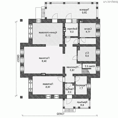 U-262-1K проект двухэтажного дома из кирпича размером 13 на 13  - 1-й этаж