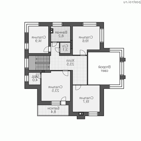U-268-4K проект двухэтажного дома из кирпича размером 15 на 15 - 2-й этаж U-268-4K проект двухэтажного дома из кирпича размером 15 на 15 - 2-й этаж