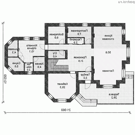 U-278-1P проект двухэтажного дома из пеноблоков размером 13 на 21  - 1-й этаж
