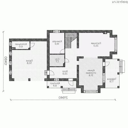 U-282-1K проект двухэтажного дома из кирпича с гаражом размером 12 на 21 - 1-й этаж U-282-1K проект двухэтажного дома из кирпича с гаражом размером 12 на 21 - 1-й этаж