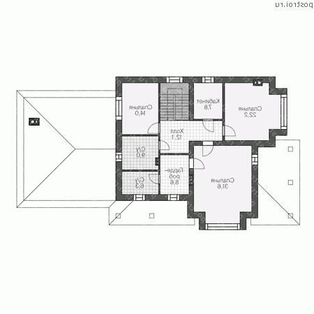U-282-1K проект двухэтажного дома из кирпича с гаражом размером 12 на 21 - 2-й этаж U-282-1K проект двухэтажного дома из кирпича с гаражом размером 12 на 21 - 2-й этаж