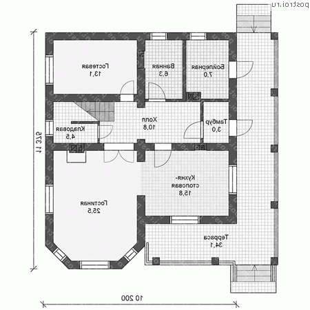 V-166-1K проект двухэтажного дома из кирпича размером 11 на 10 - 1-й этаж V-166-1K проект двухэтажного дома из кирпича размером 11 на 10 - 1-й этаж