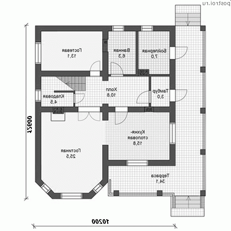 V-166-1P проект двухэтажного дома из пеноблоков размером 12 на 12 - 1-й этаж
